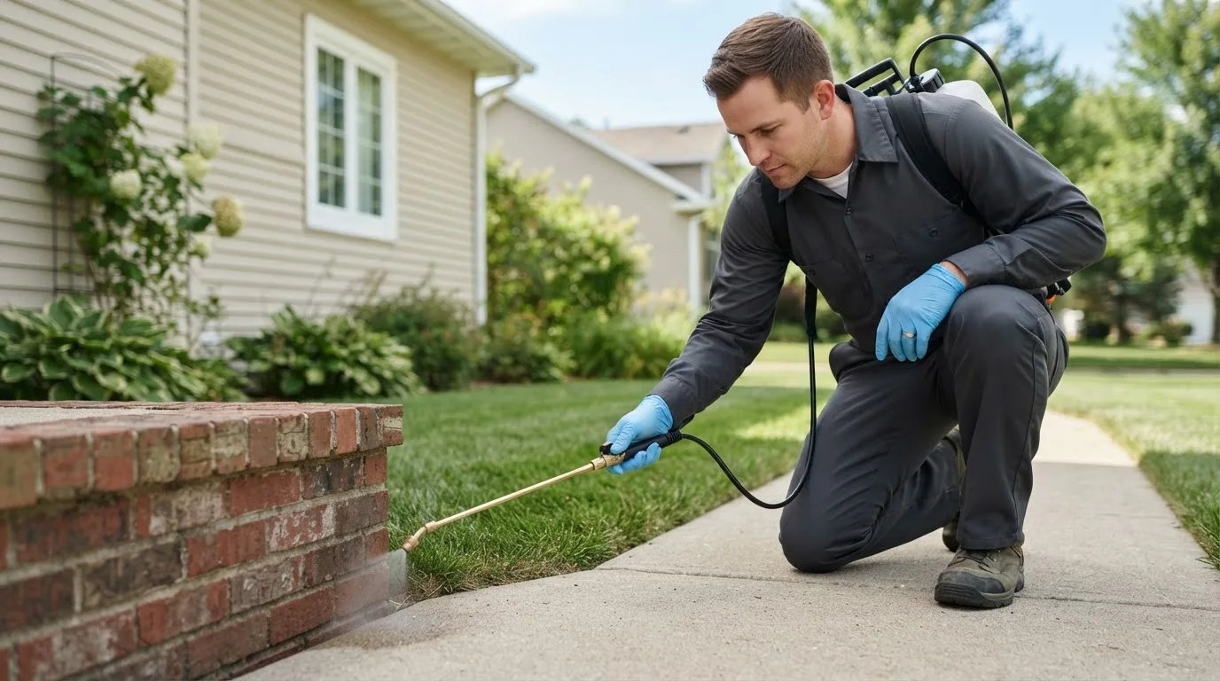 Pest control technician treating a home near Peachland, NC