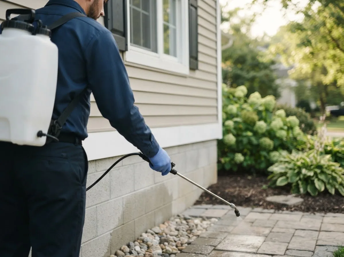 Pest control technician inspecting a home in Peachland, NC